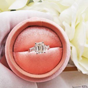 14K White Gold Trilogy 3 Carats Emerald & Tapered Moissanite Engagement Ring